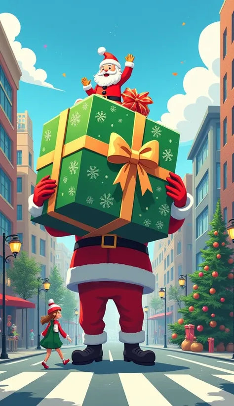 Here’s a prompt based on the image:

"Illustrate a vibrant and festive city street scene featuring a giant Santa Claus carrying an enormous green gift box tied with a golden ribbon, decorated with floral patterns. A cheerful  dressed in a Santa hat sits on...