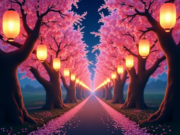 A mesmerizing view of cherry blossoms glowing softly under the night sky. The scene is illuminated by traditional Japanese lanterns, their warm amber light creating a dramatic contrast against the dark, velvety backdrop. The lanterns hang delicately among ...