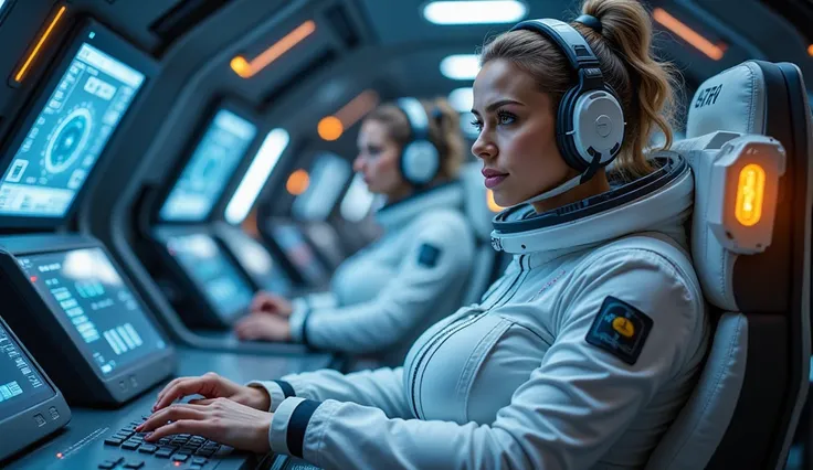 Ultra-realistic cinematic scene, 8k resolution, (masterpiece: 1.4), (best quality: 1.3), a futuristic spaceship cockpit with two female astronauts in white, high-tech space suits. The focus is on the front astronaut, with sharp and determined features, as ...