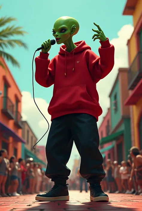 Alien rapper in Mexico holding a microphone wearing a big red sweatshirt and a big black pans and black sneakers