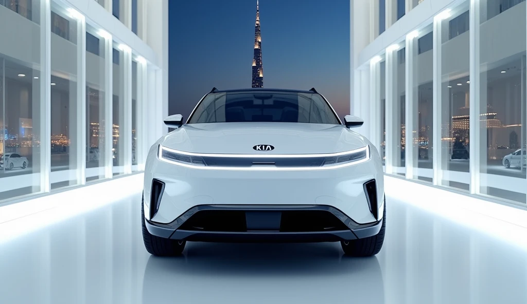 Close Front view 2025 kia ev5 electric SUV white  color stand att transparent gillas back ground burj khalifa night lighting view luxury full white showroom in uae hd 4k pixel results Breasts, 