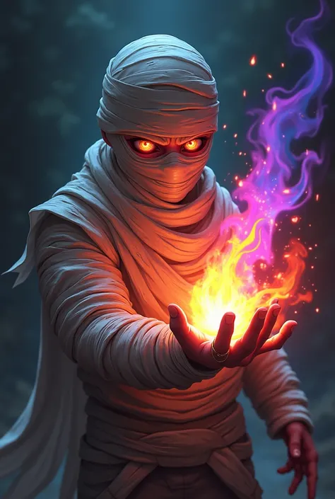 A young anime mummy has a red fire in his fingers, the thumb fire is a blue fire, the middle is a purple fire, the finger is a green fire and the pinky is a black fire 