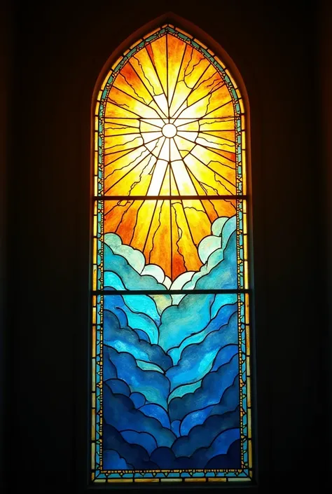 beautiful church stained glass mosaic window that is shined with light, designed with light yellow and gold light at the middle top, blue sky with clouds stained glass mosaic background, larger glass pieces, window focused art