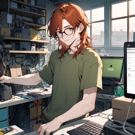 Adult male, long copper hair, freckled, twink, pale skin, glasses, handsome face, lanky frame, standing in the back room of computer repair shop.  One laptop sitting on the main table