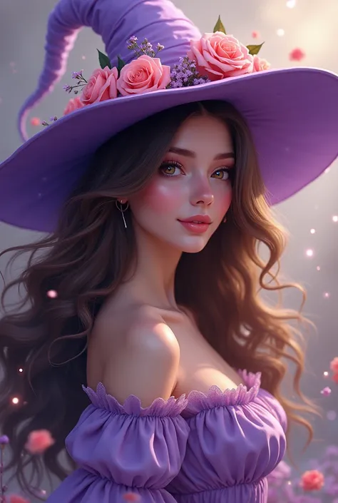 Beautiful purple witch with hat, with brown wavy sholder hair, with flowers in her hair in the wind, with hazel eyes, having some celestial elements from the bottom to the head perfect for a profile picture, use pastel colors and levender and roses