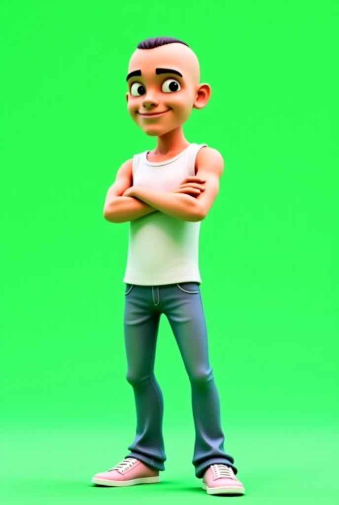 cartoon character , figure, figures animadas,   3D character design,  funko-pop style ,  graphic illustration , character art,  green neon background , modern pop art ,  stylized animation , comic style, with a white sleeveless shirt, and jeans, And his sh...