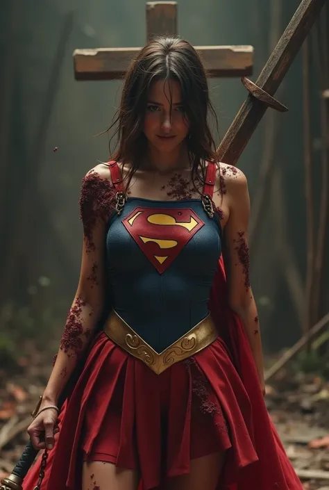  live-action ,    cute Japanese supergirl in her 20s   、 ( Supergirl slashed all over her body with a sword 、Bare skin is visible from the torn part of the costume:1.5)、 Expression of deep pain      ,  dramatic, dramatic tragedy  ,        blood is spewing ...