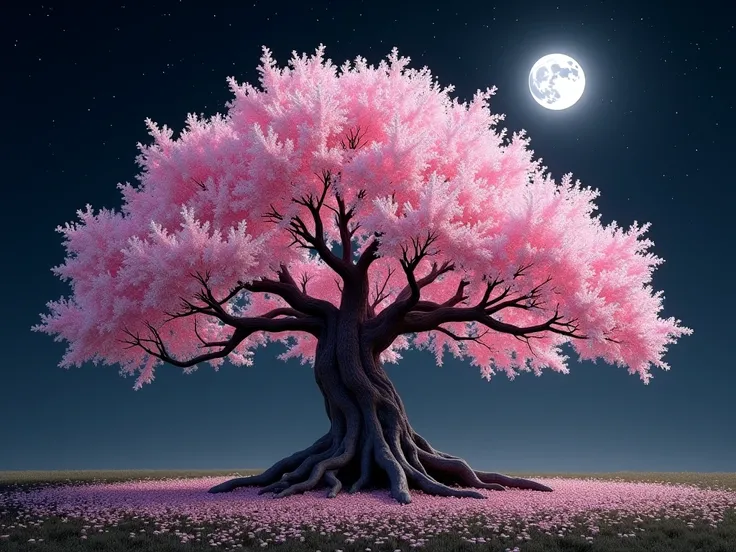 An ultra-realistic depiction of a single ancient cherry blossom tree in full bloom, set against a dark, moonlit night sky. The trees thick, weathered trunk and sprawling branches are covered with countless soft pink petals that appear almost luminous under...