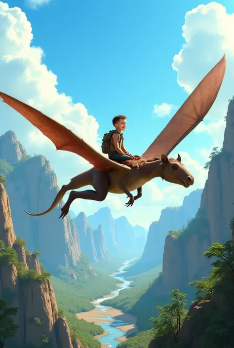  Create an image of a  riding a pterodactyl,  with the face of the reference image , being a boy 