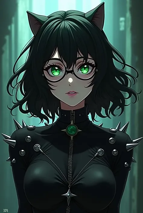  a female anime character in JoJos Bizarre Adventure Style , In gothic clothing , With black curls,  Green eyes and spikes everywhere on clothing including glasses