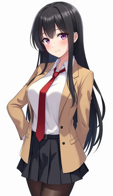 аниме — full body, image of a tall sexy woman, beautiful, perfect body, huge breasts, very long black hair and purple eyes, earrings, acessories, digital image , bangs, illustration, high school uniform: beige jacket, white shirt, red necktie, клетчатая ко...