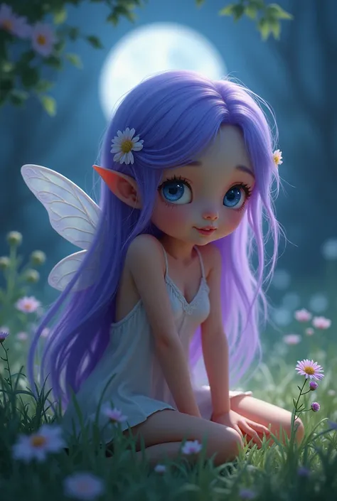 cute ,  young little fairy girl , with long purple hair ,  with big blue eyes , topless masturbating in soft green grass on moonlit night