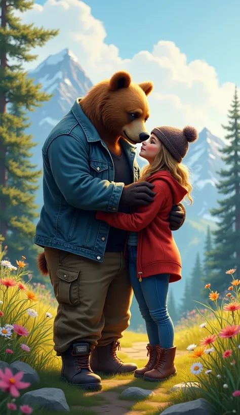 4. Bears:
"Create a highly detailed digital artwork of two anthropomorphic bears in a romantic pose. The male bear is muscular and wearing a denim jacket, a plain black shirt, cargo pants, and hiking boots. He is holding a female bear in his arms. The fema...