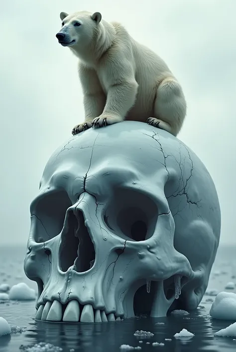 Create a highly detailed and evocative digital illustration of a 
polar bear sitting on a giant human ice skull. The polar bear 
should be depicted in a realistic style, with intricate details in its 
fur and a contemplative expression on its face. The ice...