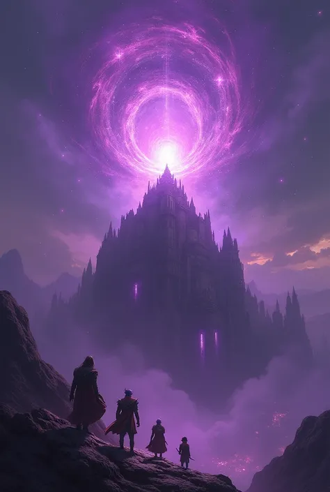 uma pintura de um grupo de pessoas em pé no topo de um prédio, purple fire around magia arena, magia the gathering card art, magia the gathering concept art, magia a arte da reunião, , style of magia the gathering, portal vórtice banir os anciãos, mage due...