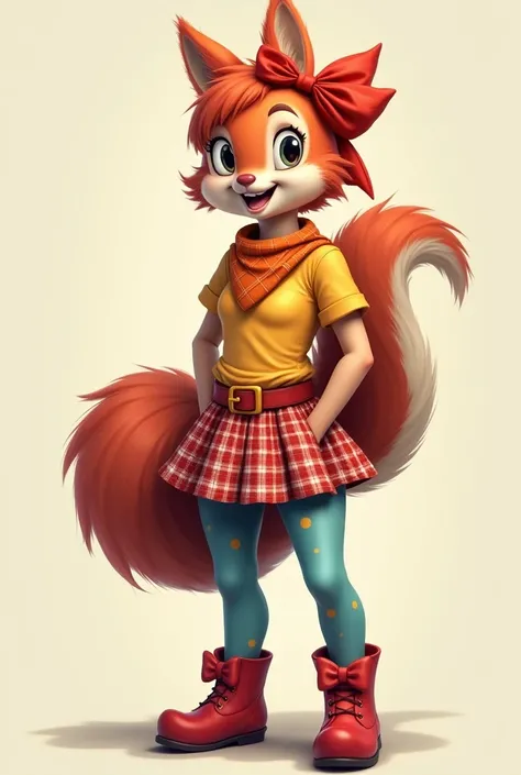  furry tall Squirrel girl with red hair, red and white plaid skirt with belt, yellow shirt with short sleeves, orange plaid bandana on neck, red big bow on head, blue transparent pantyhose with yellow dots, panties under pantyhose, big butt, red rubber boo...