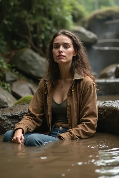 Woman relaxing into mud, jacket, jeans