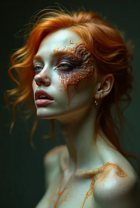 Sexy young redhead teen woman, parasited by an alien slug, hive mind corruption, transforming into a horrific but sexy alien gooey slug creature ,slug metamorphosis,  keeping her face, bug possession, ultra-thin see-trough fabric, erect nipples,((top quali...