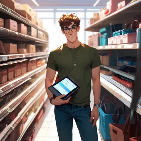 A lanky, nerdy young man with glasses, wearing a slightly wrinkled button-up shirt and jeans, stands confidently in a cluttered computer repair shop. He holds a recently repaired laptop in both hands, presenting it with a subtle but assertive smirk. His in...