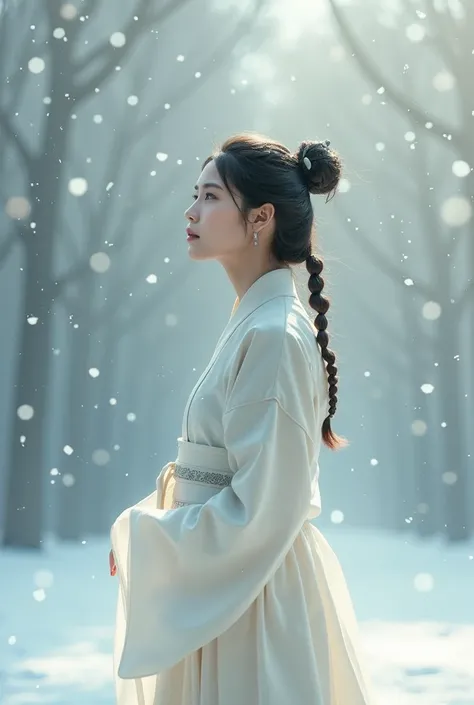 Picture of a woman wearing a white hanbok and braided hair looking at falling snow