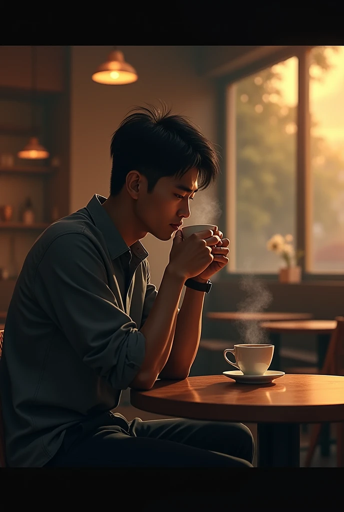 Asian man sitting alone coffee shop black coffee shop in the morning curry making coffee wooden layout