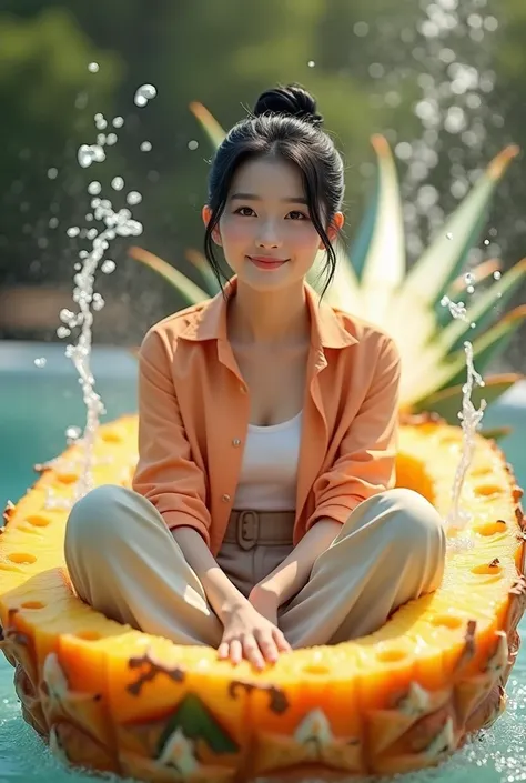 A real scene where there is a beautiful Korean woman,smooth white skin,,black hair in a Korean-style bun ,light orange shirt, knee length cargo pants , white undershirt, smiling looking at the camera ,sitting in the slice, some Penapple water splash splash...