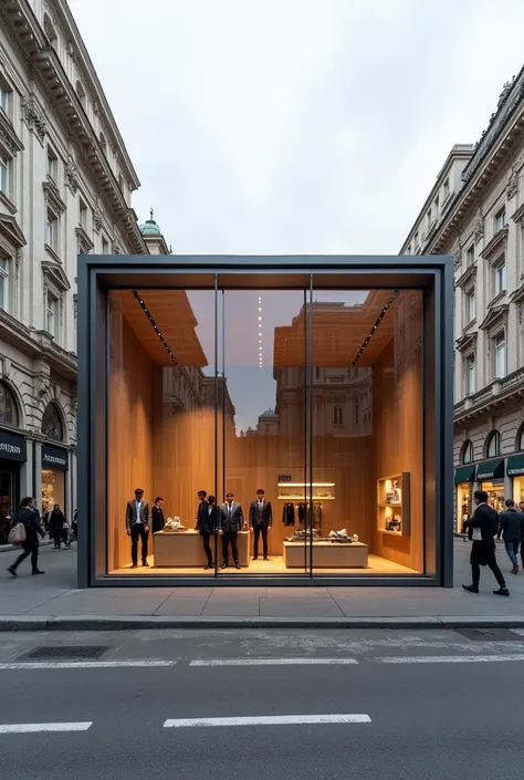  create a pop-up store by Marco Castelli in the middle of the street in Milan.  the pop-up must be square in shape , very elegant and must look real 