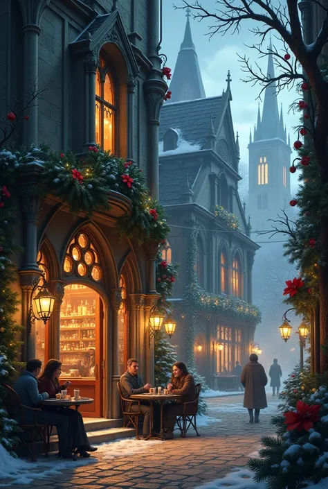 Street cafe in the style of Gothic Fantasy Kingdom architecture, decorated with Christmas decorations 