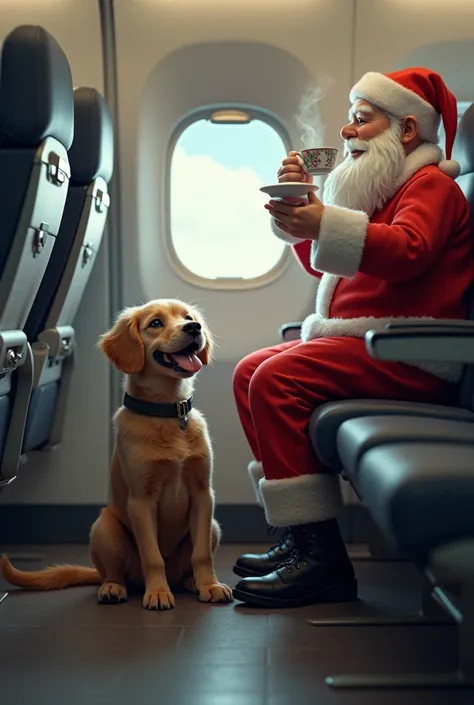 A dog on the plane pooping with Santa Joel drinking tea 