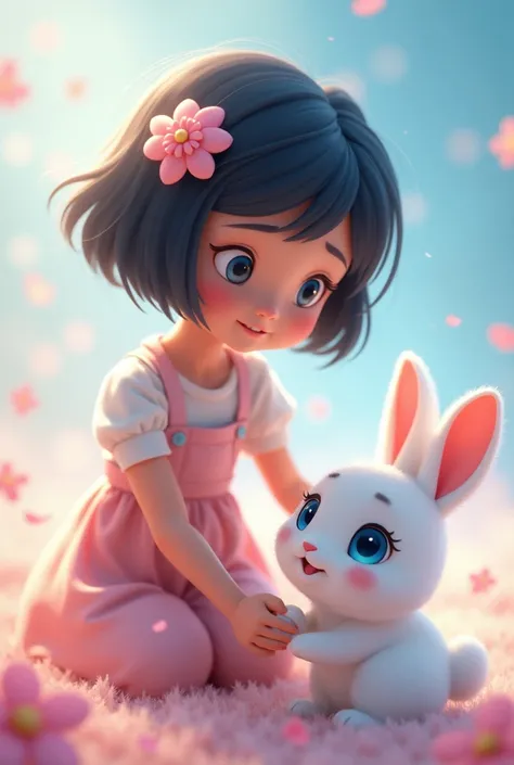 Create an animated image of a girl with short black hair with a white bunny with blue eyes