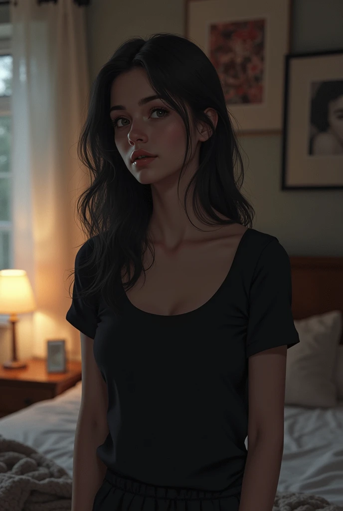 Wearing a black top, in her bedroom 