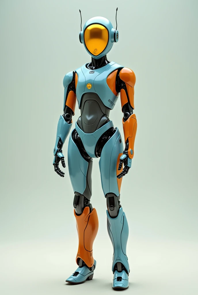 Create whole blue and orange robot with gold-colored facial screen without antennas on the head 