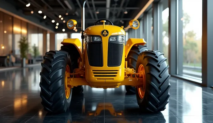 Create an image of the Allis Chalmers tractor 2026 model from the front angle, painted in a vibrant yellow with metallic accents. The headlights are futuristic LED designs, and the grille features a bold and modern aesthetic. The tractor is displayed in a ...