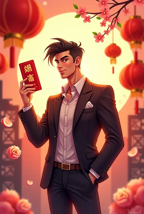 Here is the image based on your description: a stylish male character in a Tet atmosphere, surrounded by discount coupons with festive elements like red envelopes, peach blossoms, and lanterns. Let me know if youd like any adjustments!