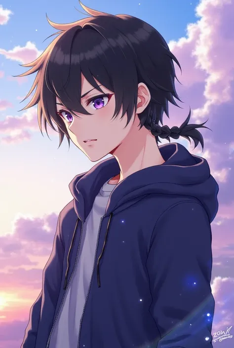 Score_9,score_8_up,score_7_up,Highly detailed, masterpiece, high quality, beautiful, high resolution, good details,1boy,solo,male focus,mezcla5v2,azuma jimon,asuta jimon,black hair,purple eyes,braid,single braid,hooded_jacket,confident,cocky,looking_offscr...