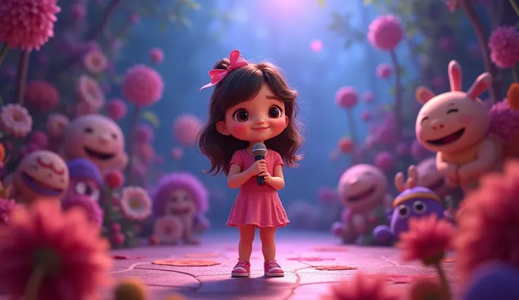  Cute  girl singing, standing, holding a microphone in her hands ,  scene comes to life with Pixar animation magic