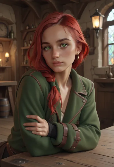 in a fantasy world, a shady tavern, a half elven woman with red mane and green eyes and thick chin and tick nose dressed in a low cut trouser and small high jacket is leaning on a table