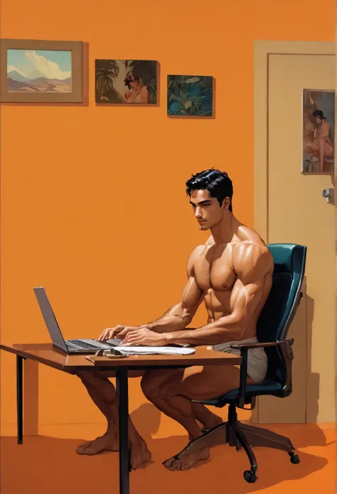 ((1 latino man sitting at a desk typing on an orange laptop in a high-chroma orange art deco office)) by Aaron Horkey and Jeremy Mann, masterpiece, best quality, Photorealistic, ultra-high resolution, photographic light, illustration by MSchiffer, fairytal...