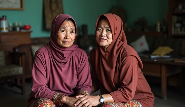 Two women sitting together in a simple village living room. One is the young widow with a distressed expression, her face showing acne scars, while the other, her cousin, looks empathetic and supportive, holding her hand. The room is humble, with tradition...