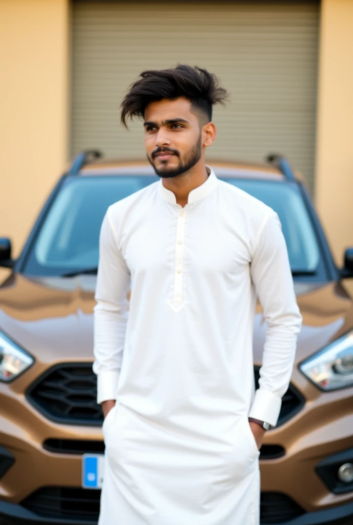 The image is a portrait of a young man standing in front of a car. He is wearing a white kurta and has a serious expression on his face. His hair is styled in a messy yet fashionable manner and he is looking off to the side with a slight smile. The car beh...