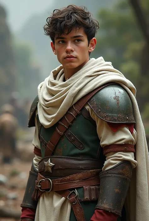 A young man around 16, wearing a shawl and armour pads that are a faded white, red and Green 
