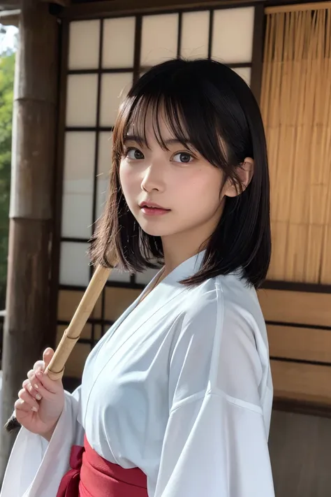  top quality ,  super high res,1 person,whole body,  black hair, beautiful and elaborate face that shines in your eyes , Beautiful skin,  skin texture, ties,  small breasts,She is wearing a white kimono. ,She is wearing a red hakama.,she has a bamboo broom...