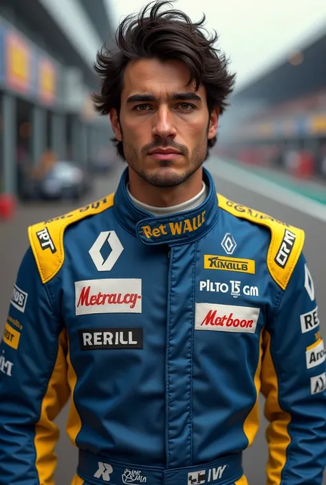 Fernando Alonso Formula 1 driver 2005 version Renault blue clothing without a helmet and without a beard and with the same hair as in real life