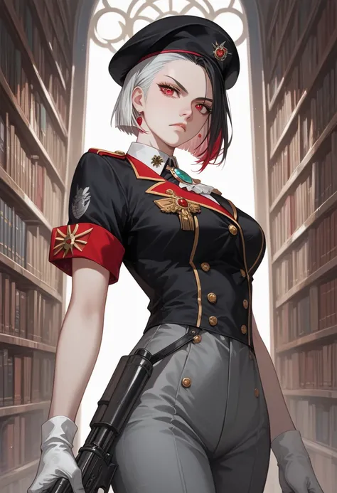 1girl, jorogumo, (((pale skin))), black hair, white bangs, multicolored hair, very short hair, medium breasts, red eyes, black uniform, militar uniform, short sleeves, black beret, grey pants, white boots, gun on the waist, book on the waist, necronomicron...