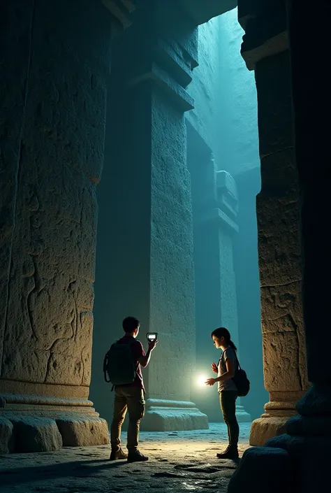 A dark, ancient temple interior with Alec shining his flashlight on intricate carvings, while Mia examines symbols with a magnifying glas