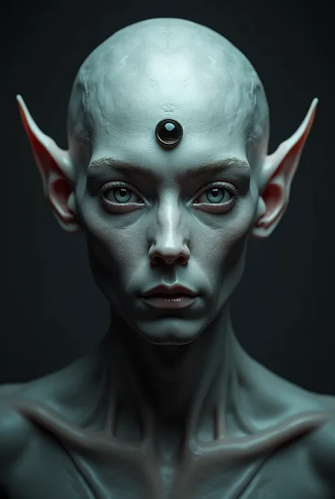  is a portrait of a gray alien male with ears , like an elf , with eyes, in which space,  with a third eye in his forehead and a transparent skull showing the cerebral hemispheres, one of which turns black 