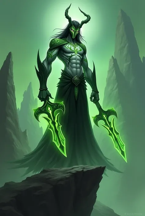 A tall ,  black-haired ,  male Illidari from WOW ,  With a black mask on his face ending at the lips .  Who stands on a cliff , behind him are spires with a green glow ,  green tattoos almost all over his body , white skin color,  with two massive blades i...