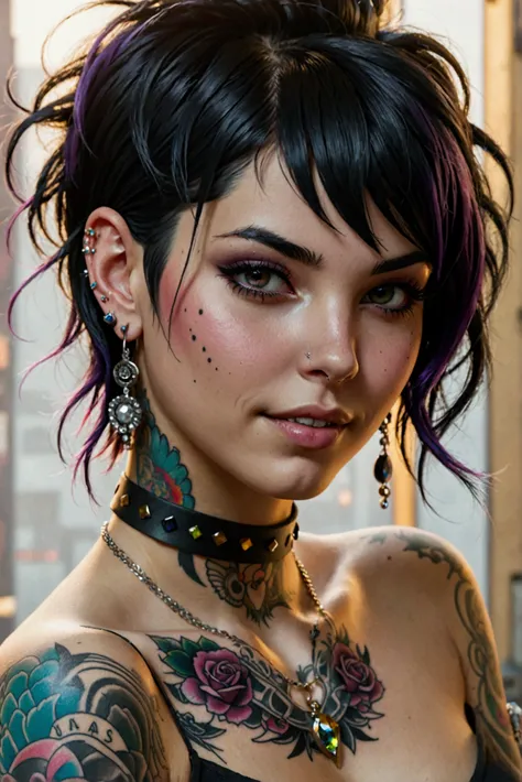 punk girl,  masterpiece,  Anatomically correct ,  black hair , Breasts, Earrings, Choker necklace, Heterochromie,  slight smile , modern, Realism, piercing, tattoos