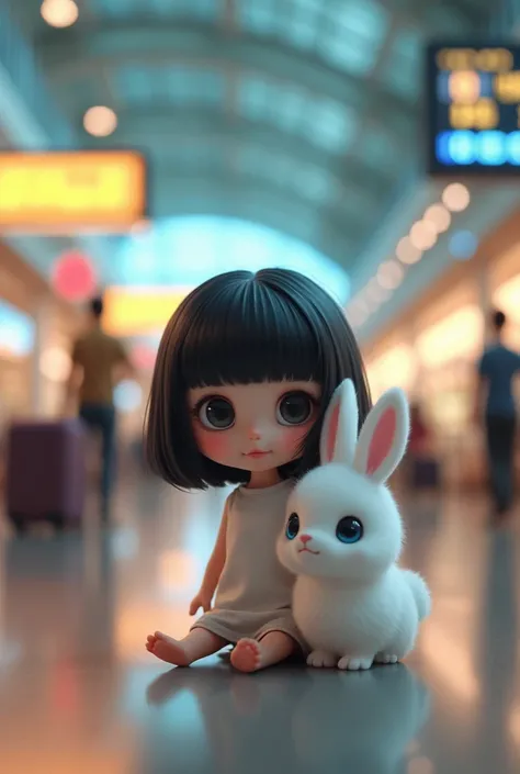 Create an animated image of a short black-haired doll with a white bunny with blue eyes at an airport with lights 