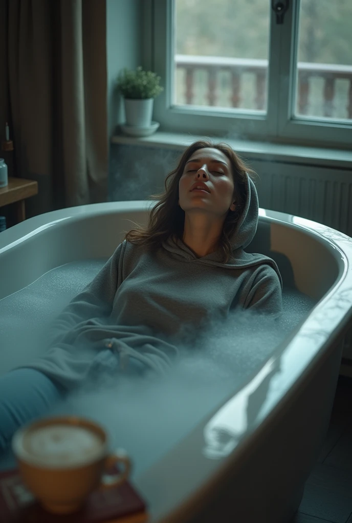 Woman relaxing into bath, hoodie, jeans